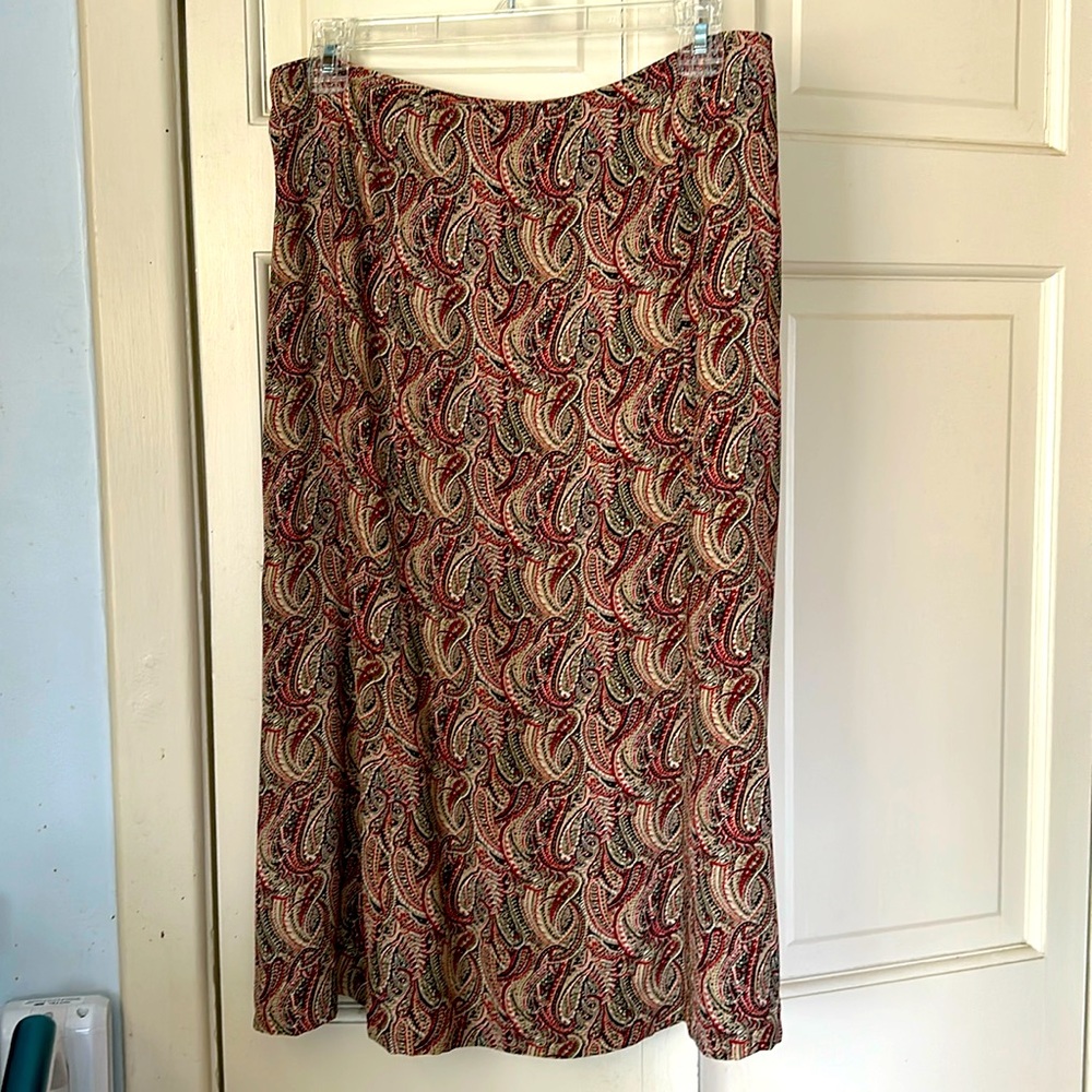 Talbot’s paisley silk skirt, size 10. Colors are red, cream, brown, black.